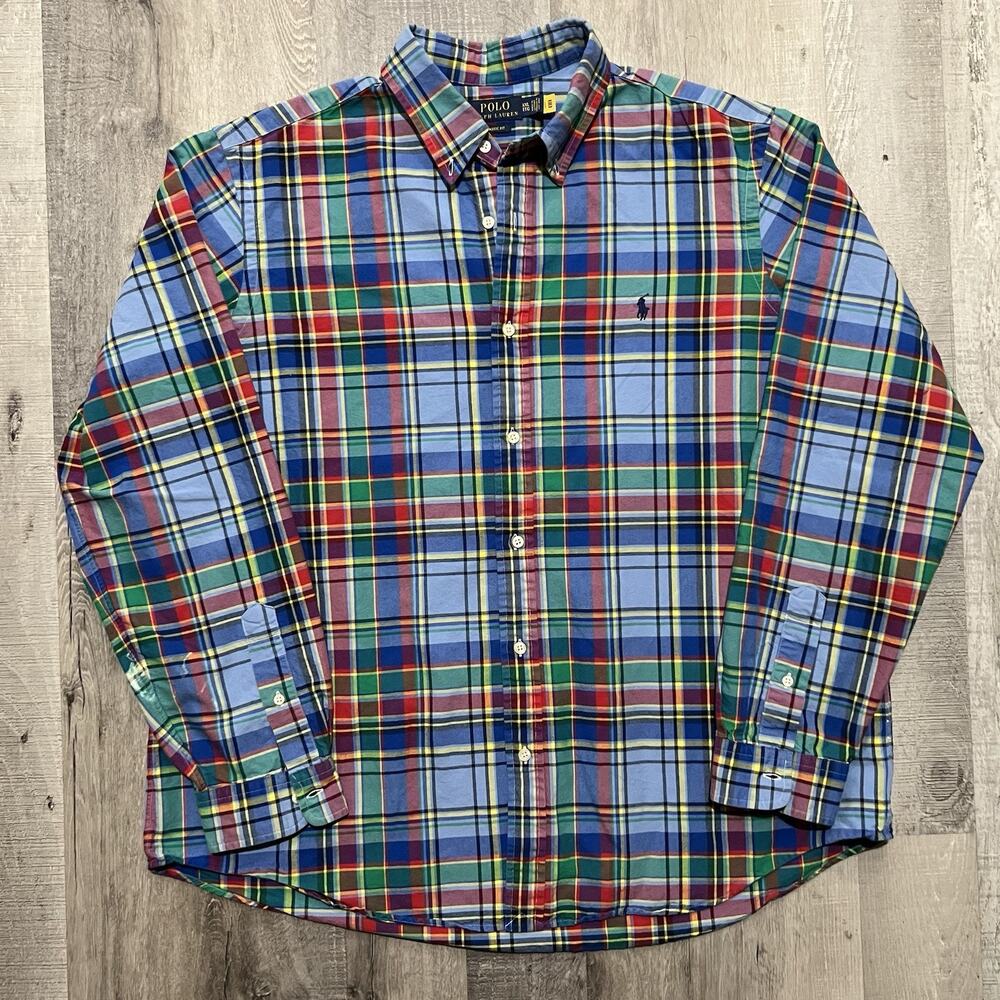 Polo Ralph Lauren Blue Madras Plaid Shirt Mens 2XL Blue Long Sleeve Preppy